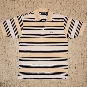 Hugo Boss Golf Tan, Black & White Stripe 1/4 Button Down Polo Shirt Vintage 90s